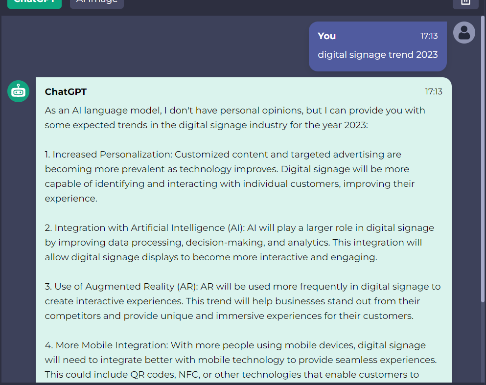 ChatGPT:digital signage trend 2023