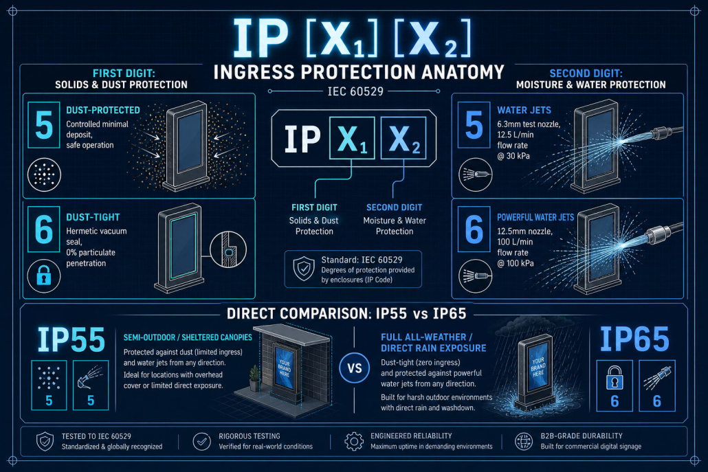 IEC 60529 Ingress Protection IP Code Breakdown Infographic for Outdoor Displays